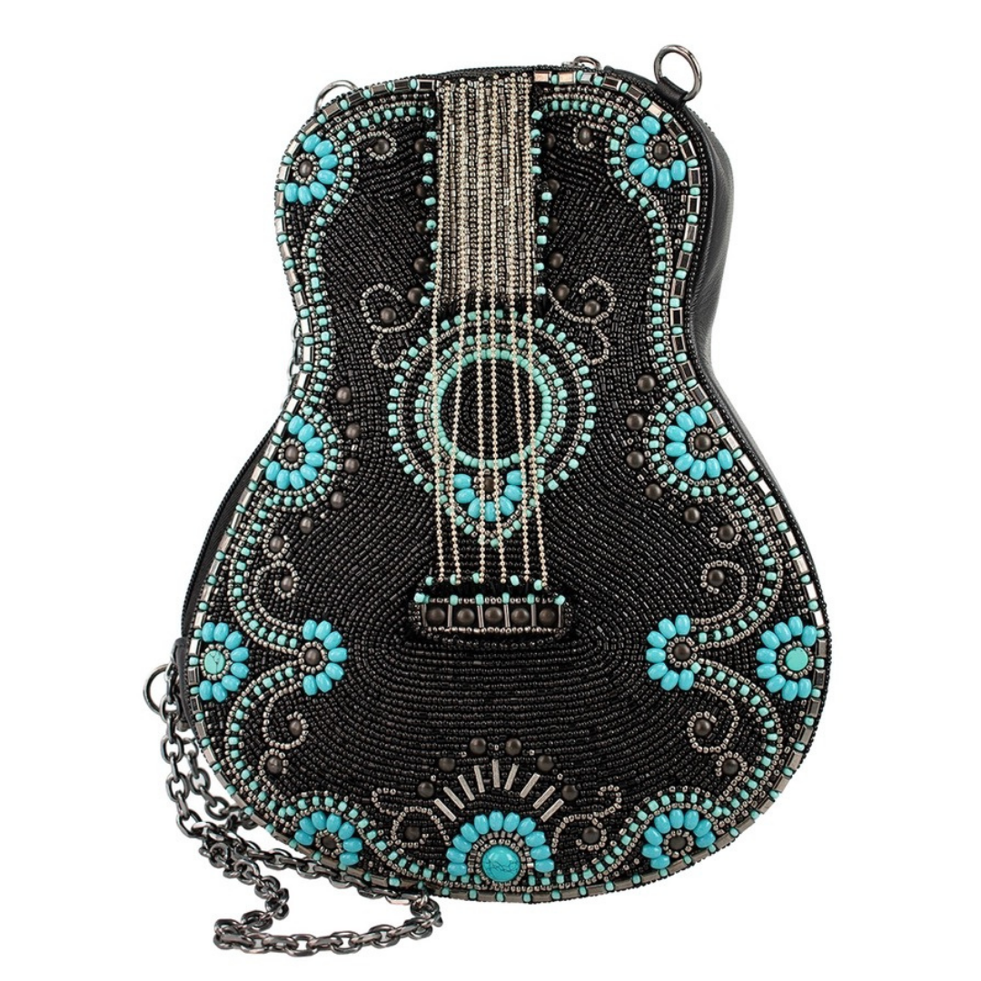Mary Frances Turquoise Tune Guitar Shaped Beaded Crossbody Handbag