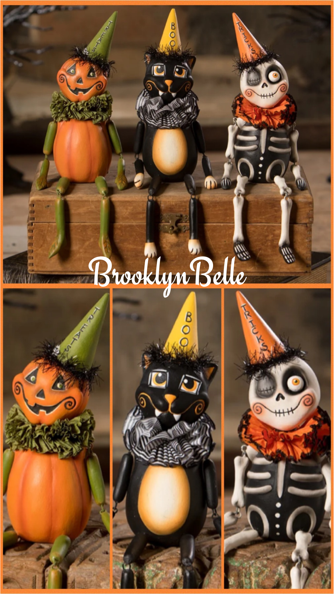 Bethany Lowe Treats Pumpkin, Boo Kitty and Tricks Skeleton Party Sitters Set of 3 LeeAnn Kress Halloween Decor