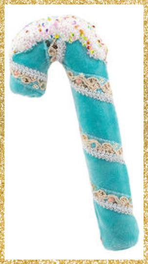 8" December Diamonds Teal Blue Candy Cane with Snow