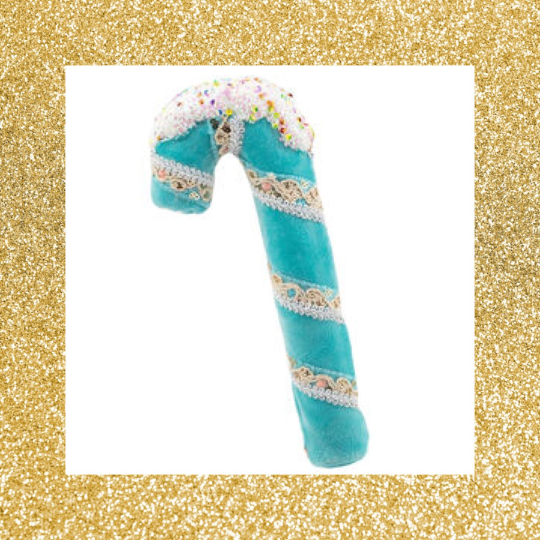 8" December Diamonds Teal Blue Candy Cane with Snow