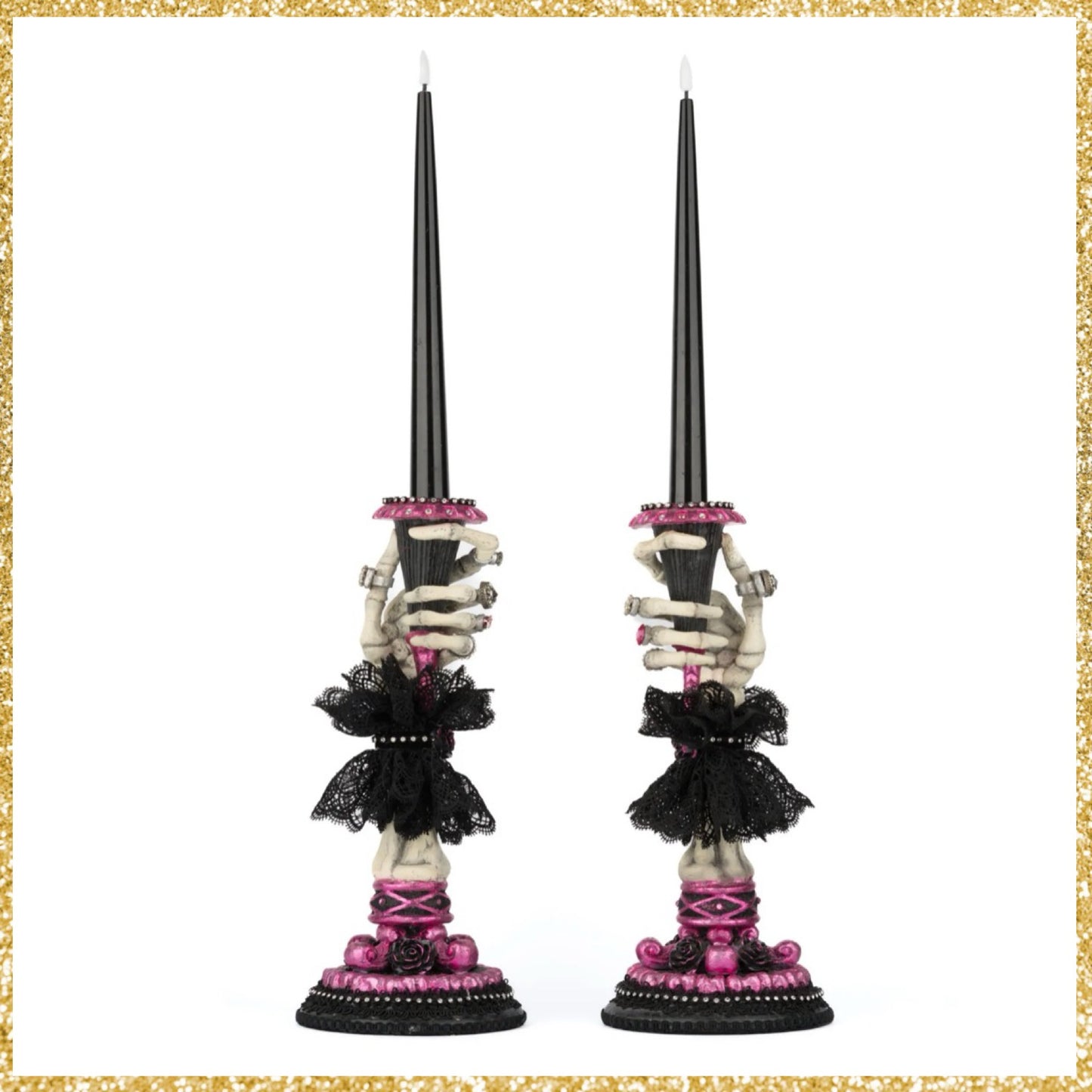 Katherine's Collection Black and Pink Skeleton Hand Candle Sticks Katherine's Collection Halloween Skull Candle Holders