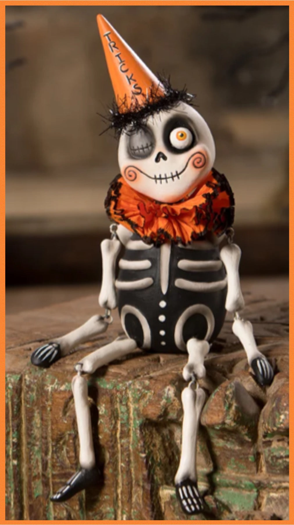 Bethany Lowe Treats Pumpkin, Boo Kitty and Tricks Skeleton Party Sitters Set of 3 LeeAnn Kress Halloween Decor