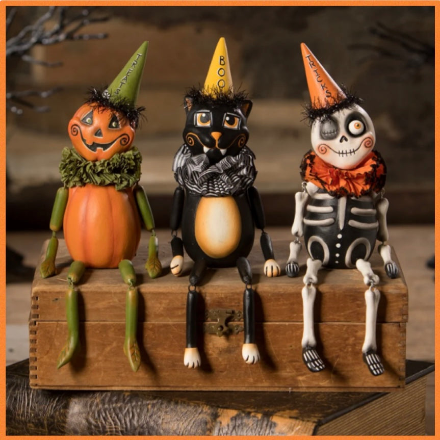 Bethany Lowe Treats Pumpkin, Boo Kitty and Tricks Skeleton Party Sitters Set of 3 LeeAnn Kress Halloween Decor