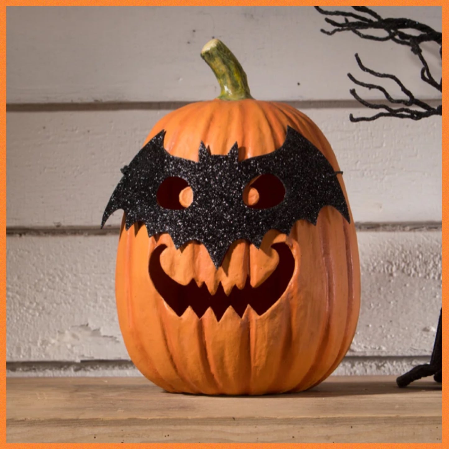 Bethany Lowe Bat Masquerade Pumpkin Orange Jack O' Lantern Bethany Lowe Halloween Orange Bat Pumpkin Decoration