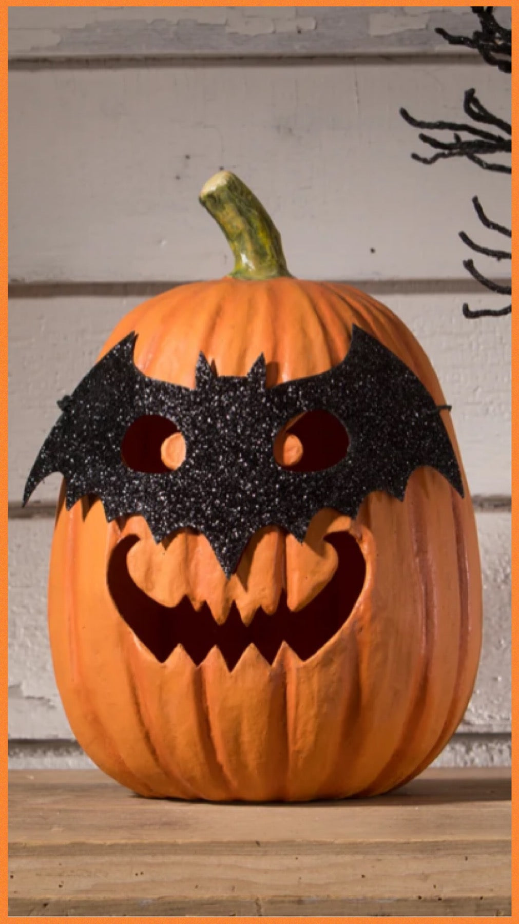 Bethany Lowe Bat Masquerade Pumpkin Orange Jack O' Lantern Bethany Lowe Halloween Orange Bat Pumpkin Decoration