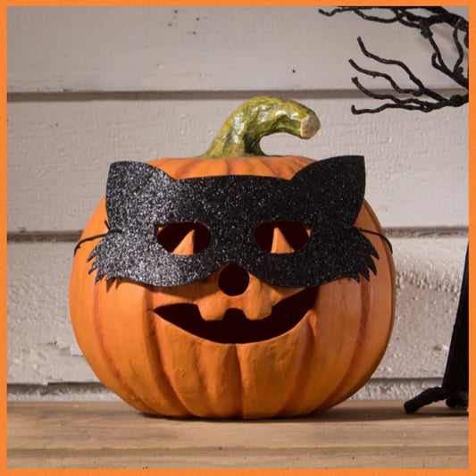 Bethany Lowe Cat Masquerade Pumpkin Orange Jack O' Lantern    Bethany Lowe Halloween Orange Cat Pumpkin Decoration