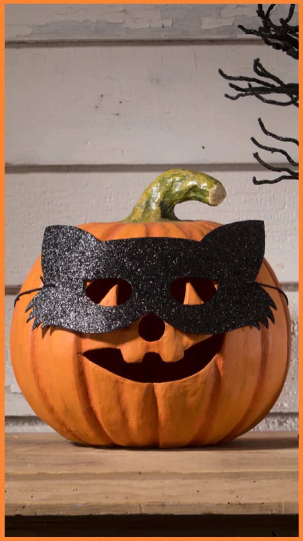 Bethany Lowe Cat Masquerade Pumpkin Orange Jack O' Lantern Bethany Lowe Halloween Orange Cat Pumpkin Decoration