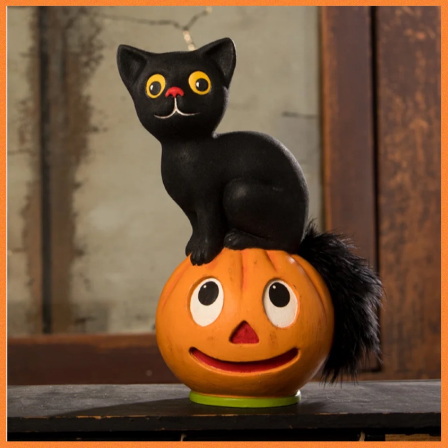 Bethany Lowe Vintage Seated Cat on Pumpkin Bethany Lowe Black Cat on Pumpkin Halloween Decoration