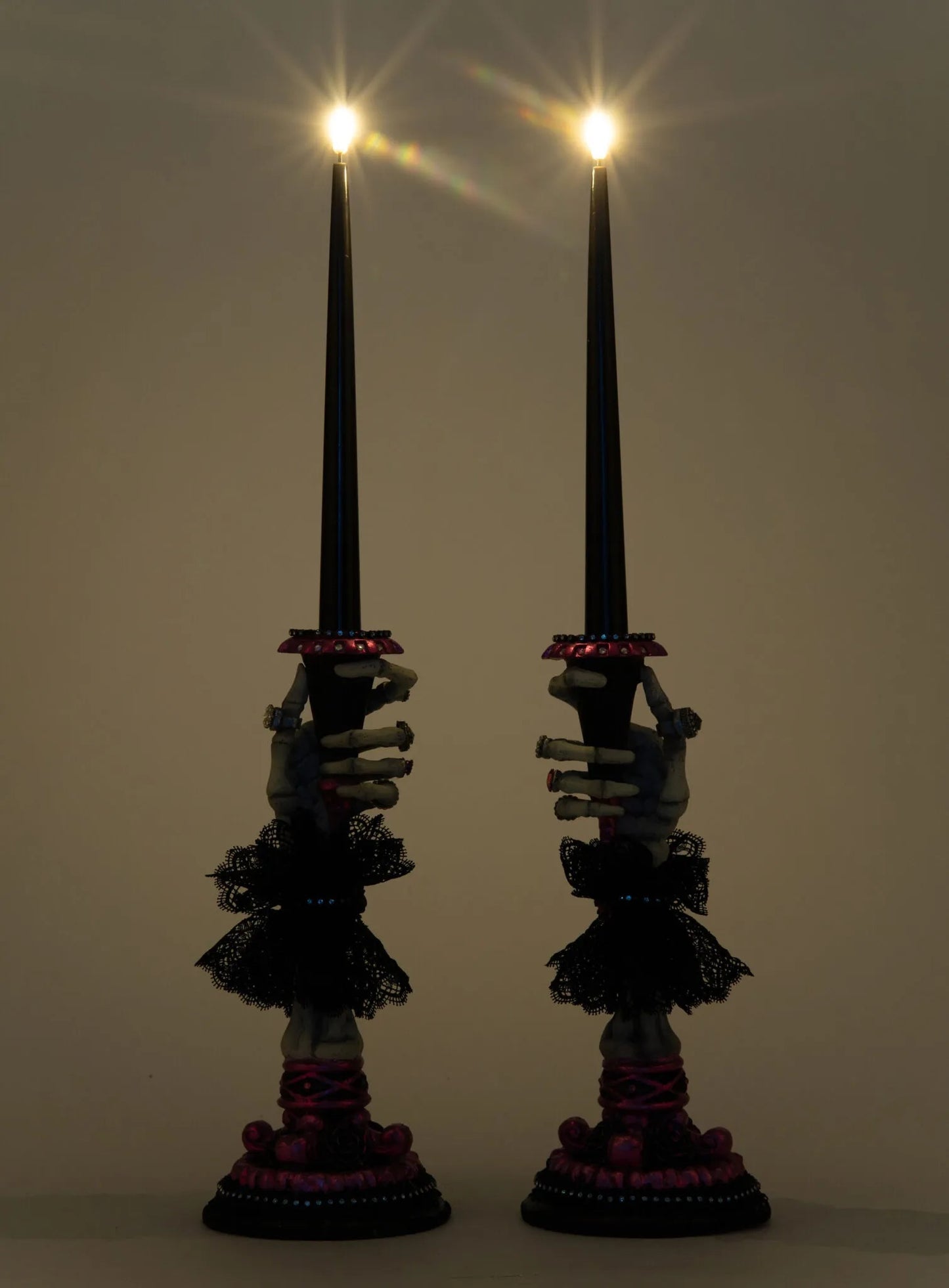 Katherine's Collection Black and Pink Skeleton Hand Candle Sticks Katherine's Collection Halloween Skull Candle Holders