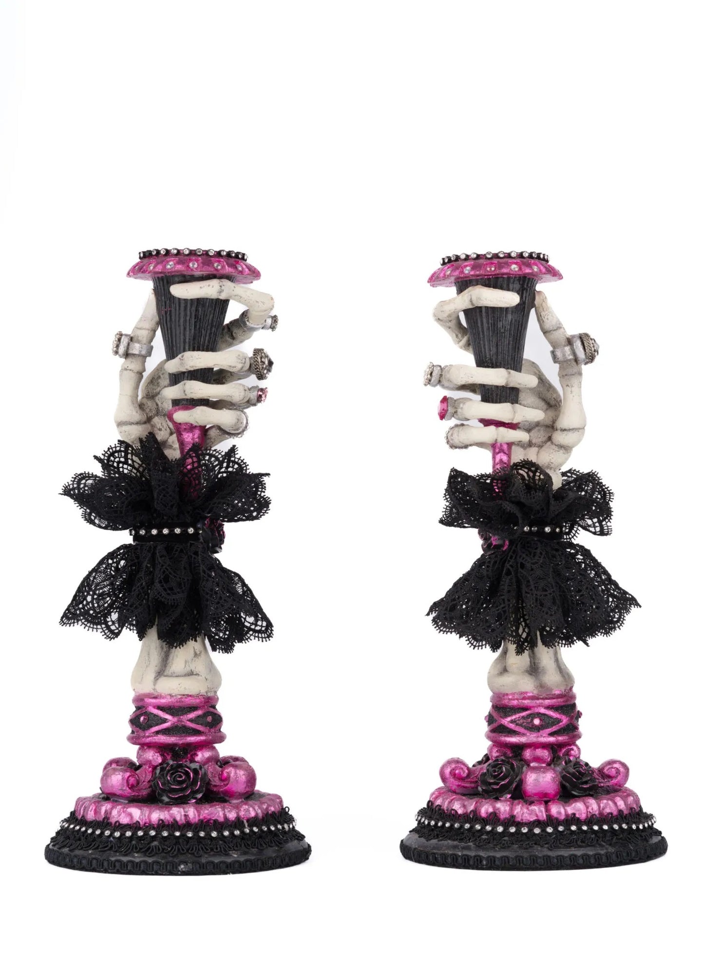 Katherine's Collection Black and Pink Skeleton Hand Candle Sticks Katherine's Collection Halloween Skull Candle Holders