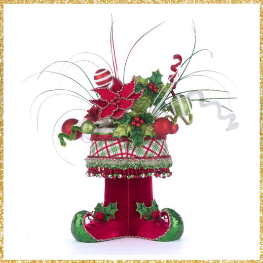 Katherine's Collection Village Of Holly Woods Elf Boots Tabletop Container with Floral   Katherine's Collection Christmas Elf Container