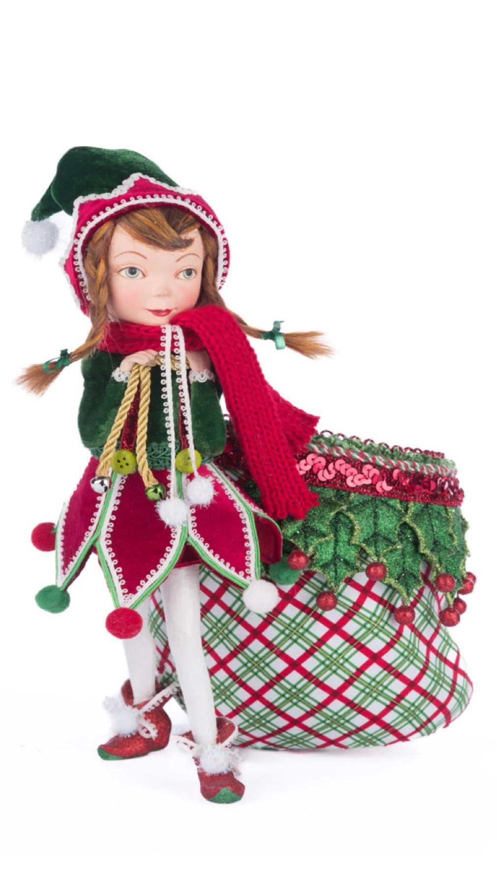 Katherine's Collection Village Of Holly Woods Winter Snowdrop Elf With Bag Katherine's Collection Christmas Elf Decoration