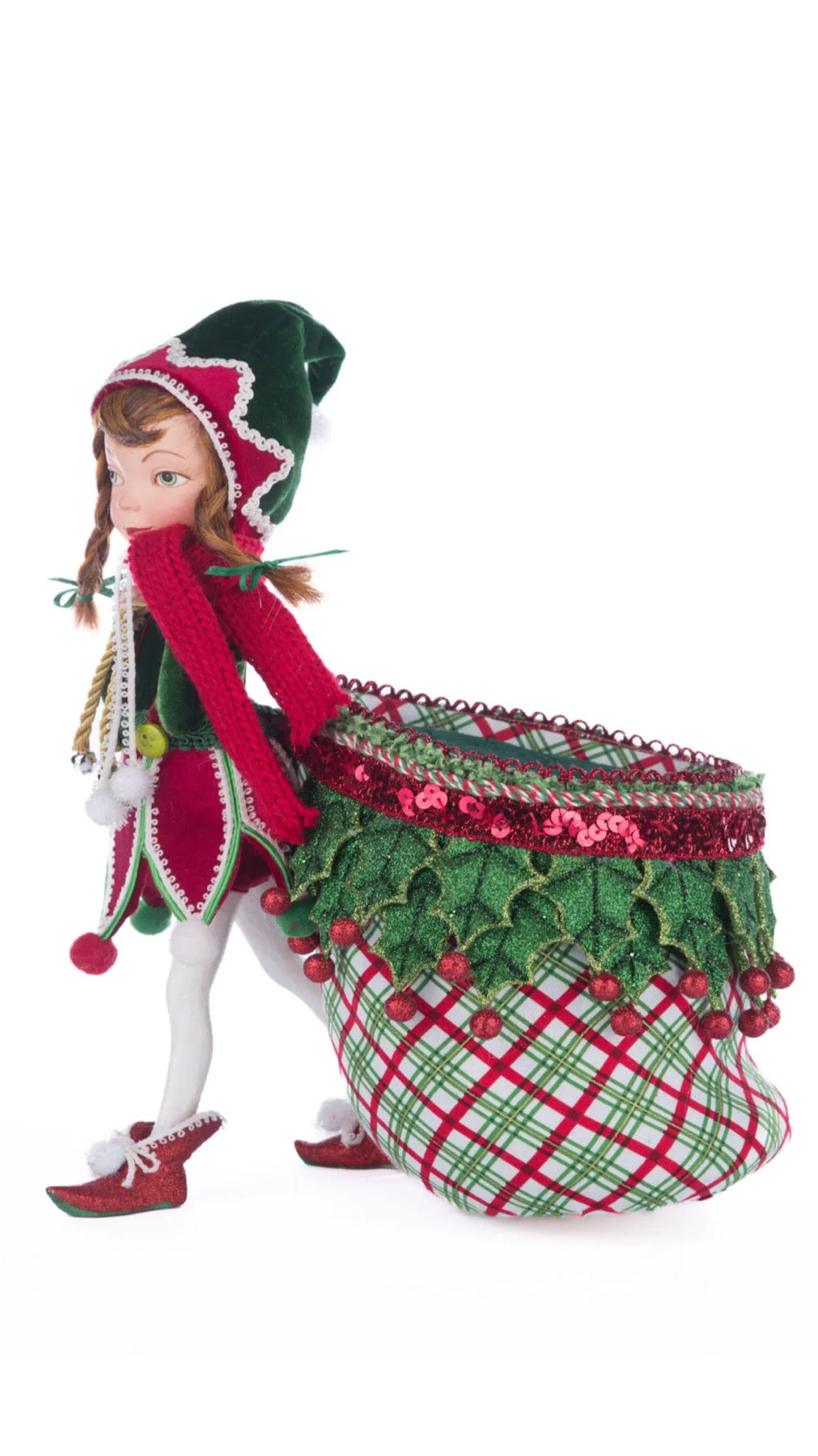 Katherine's Collection Village Of Holly Woods Winter Snowdrop Elf With Bag Katherine's Collection Christmas Elf Decoration