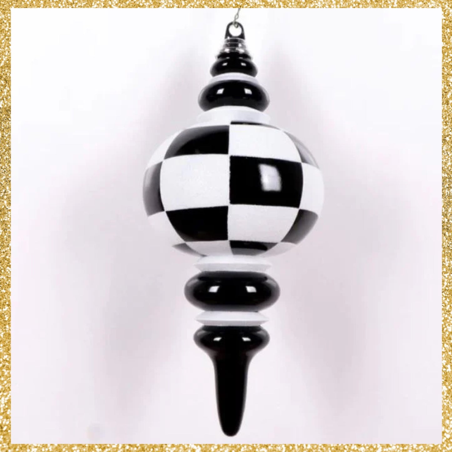 Set Of 2 Black and White Checker Finial Ornaments Black and White Glitter Ornaments