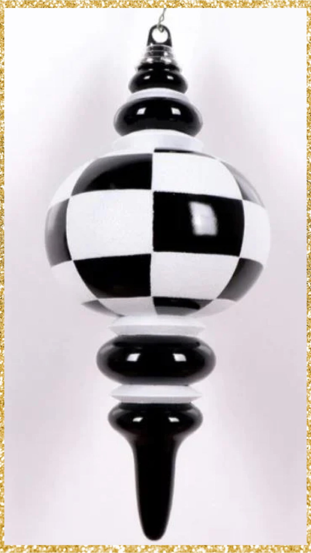 Set Of 2 Black and White Checker Finial Ornaments Black and White Glitter Ornaments