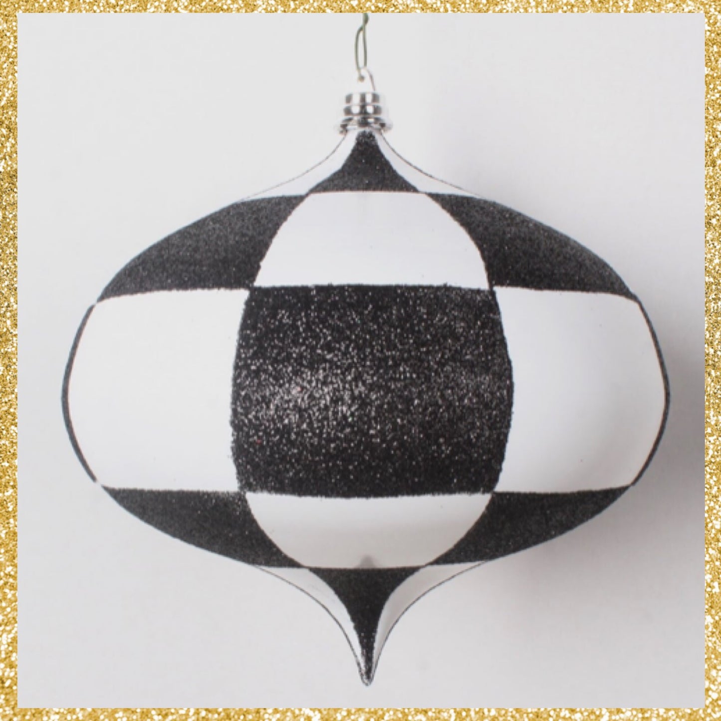 Set of 2 Black and White Checker Kismet Ornament Black and White with Glitter Ornament