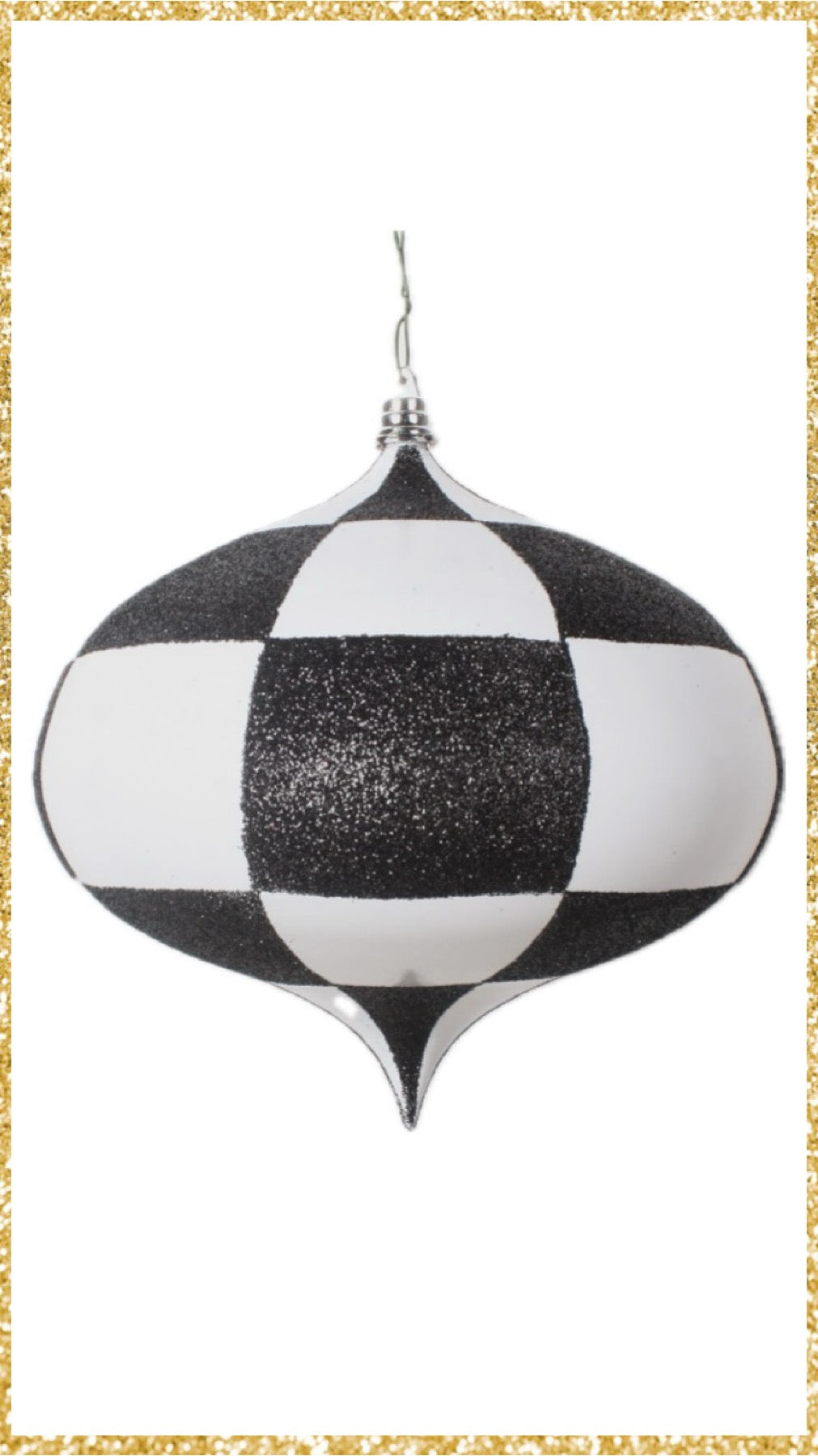 Set of 2 Black and White Checker Kismet Ornament Black and White with Glitter Ornament