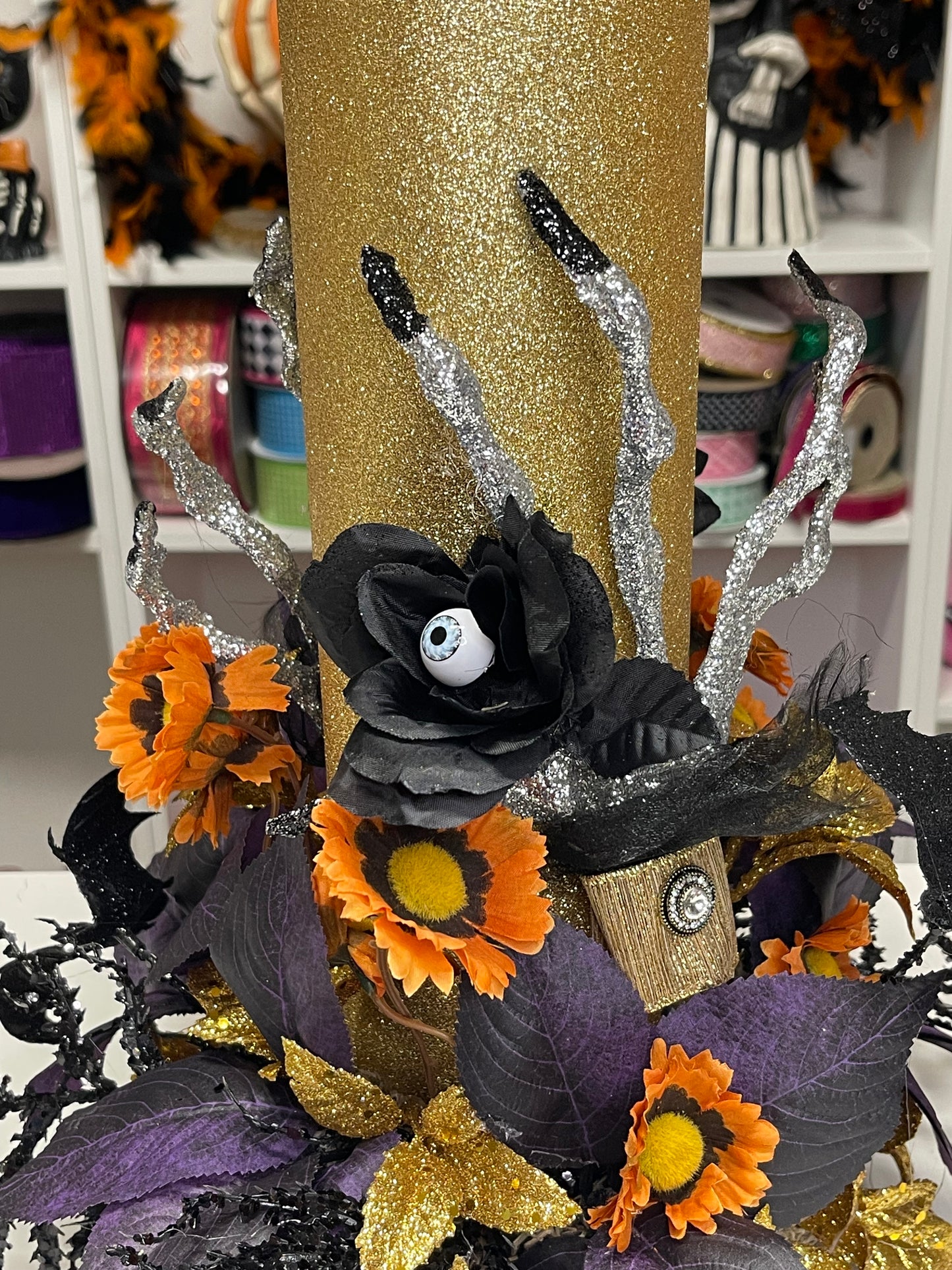 Creepy Hands Halloween Flameless Candle Pillar Decoration 24 inch Large Halloween Glittery Battery Operated Candle Decor