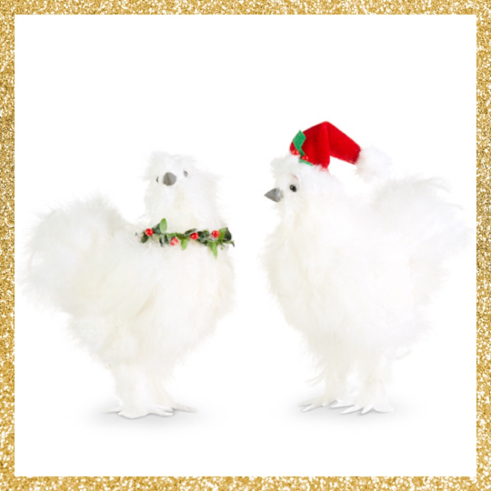 White Silkie Christmas Chicken Ornament Set of 2 Silky Chicken Ornament Set