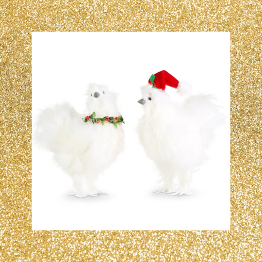 White Silkie Christmas Chicken Ornament Set of 2 Silky Chicken Ornament Set