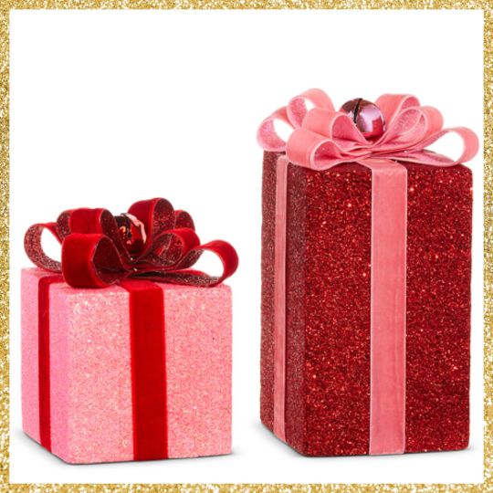 Red and Pink Sparkly Faux Packages Set of 2 Pink and Red Christmas Decorations