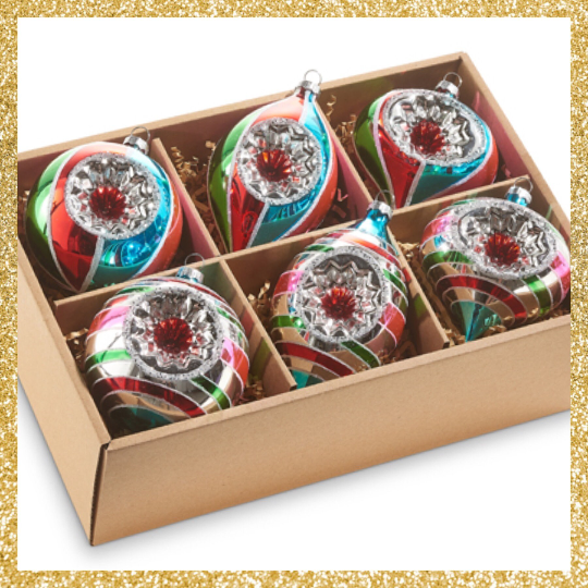Multicolor Vintage Ornaments Box of 6 Retro Christmas Ornaments
