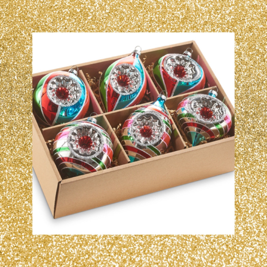 Multicolor Vintage Ornaments Box of 6 Retro Christmas Ornaments