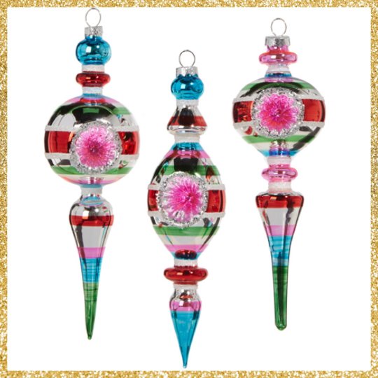 Striped Vintage Finial Ornaments Set of 3 Retro Christmas Ornaments