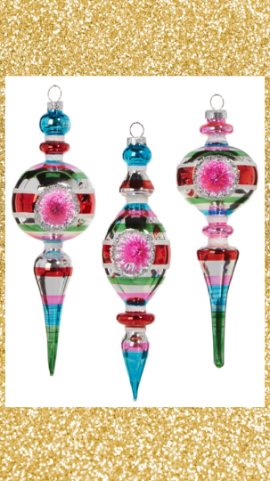 Striped Vintage Finial Ornaments Set of 3 Retro Christmas Ornaments