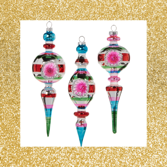 Striped Vintage Finial Ornaments Set of 3 Retro Christmas Ornaments