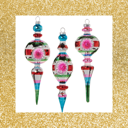 Striped Vintage Finial Ornaments Set of 3 Retro Christmas Ornaments
