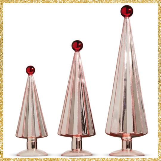 Sugar Plum Fairy Red and Pink Trees Set of 3 Pink and Red Glass Christmas Decorations