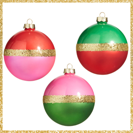 Dual Color Ornaments Set of 3 Red Green and Pink Christmas Glass Ornaments