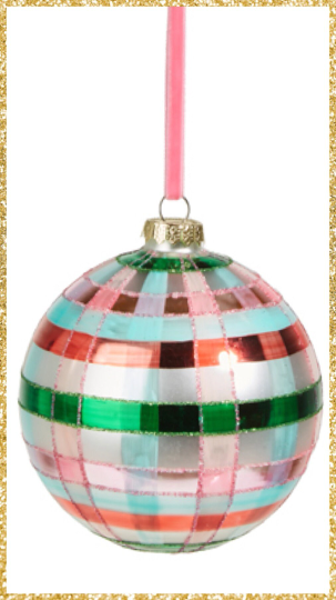 Green and Pink Plaid Glass Ornament 5" Pink Christmas Ornament