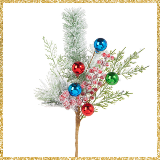 Snowy Pine Multicolor Ball Ornament Pick 16" Christmas Pick