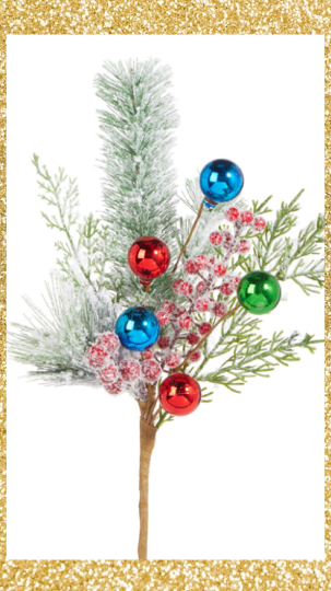 Snowy Pine Multicolor Ball Ornament Pick 16" Christmas Pick