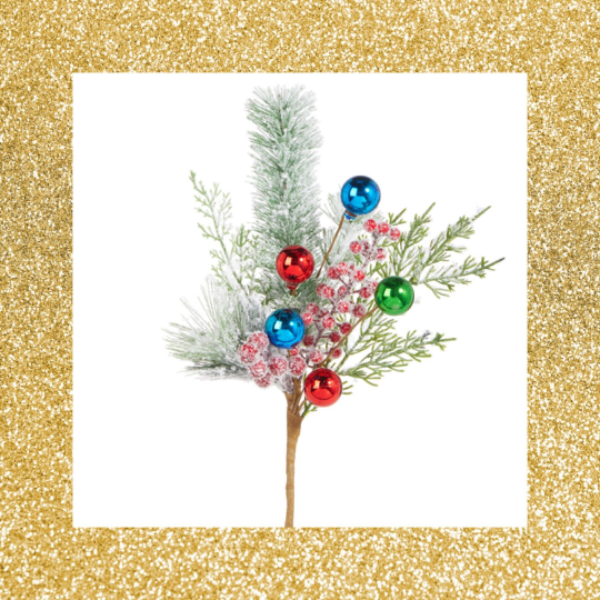 Snowy Pine Multicolor Ball Ornament Pick 16" Christmas Pick
