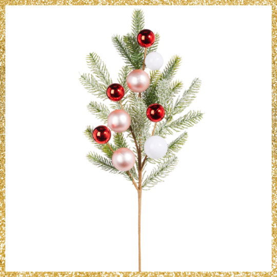 Cedar Multicolor Ball Ornament Spray 25" White Pink and Red Christmas Ornament Spray