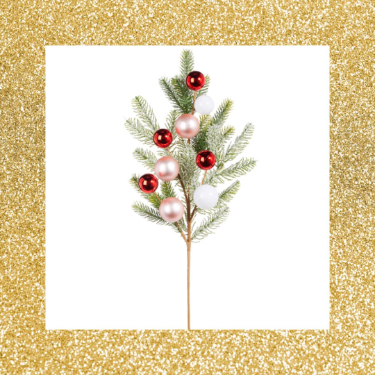 Cedar Multicolor Ball Ornament Spray 25" White Pink and Red Christmas Ornament Spray