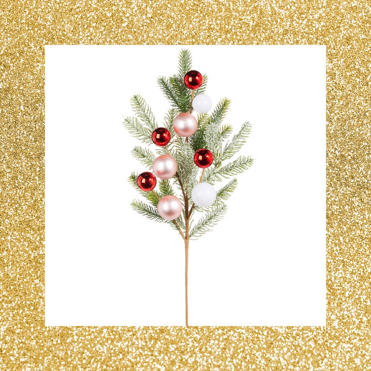 Cedar Multicolor Ball Ornament Spray 25" White Pink and Red Christmas Ornament Spray