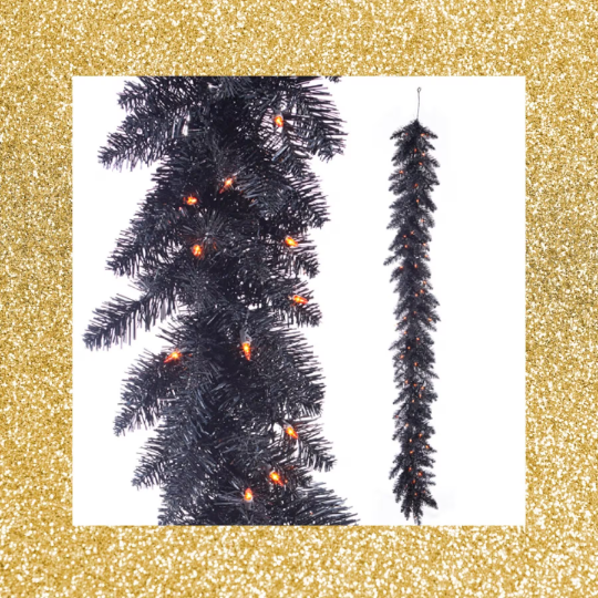 Prelit Halloween Black Tinsel Garland 6' Black Halloween Garland