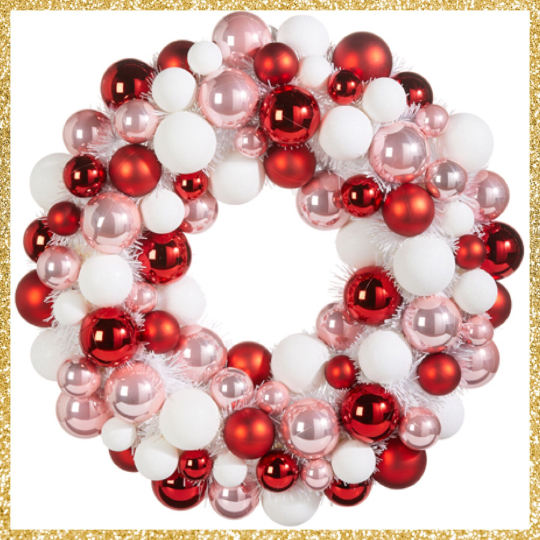 Multicolor Ball Ornament Wreath 22" White Pink and Red Wreath