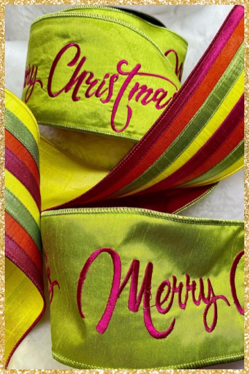 Yellow Green Pink Ribbon - 10 yards x 4 inch