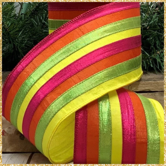 Yellow Green Pink Ribbon - 10 yards x 4 inch