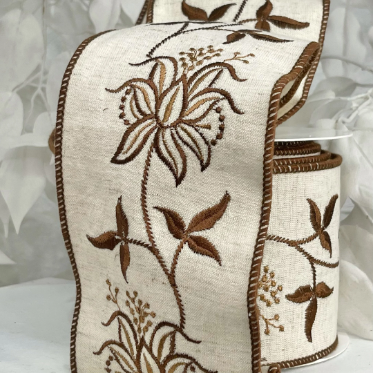 Brown Embroidered Floral Ribbon