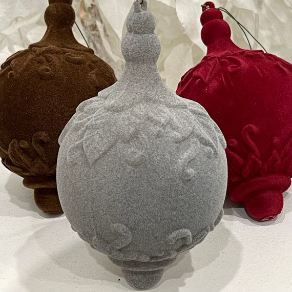 Set Of 2 Chocolate Brown Flocked Drop Finial Ornaments