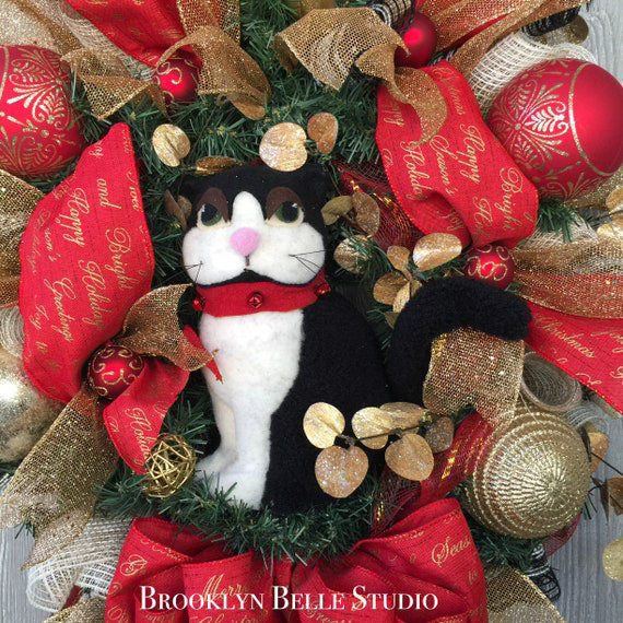 Faux Wool Cat With Red Bell Collar