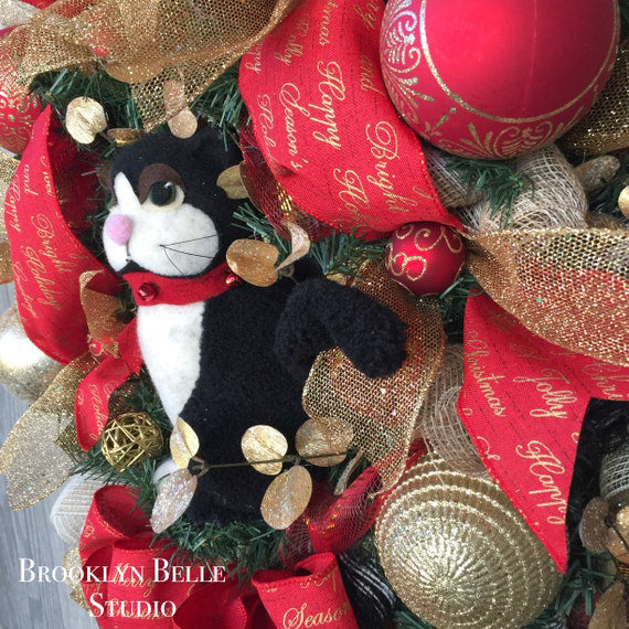 Faux Wool Cat With Red Bell Collar