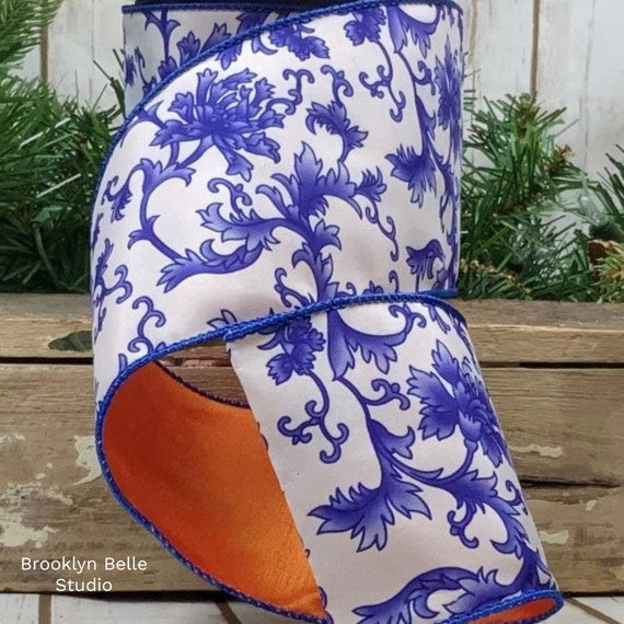 1.5" Blue And Orange Chinoiserie Ribbon