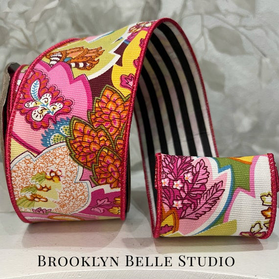 Colorful Floral Ribbon With Stripe Backing